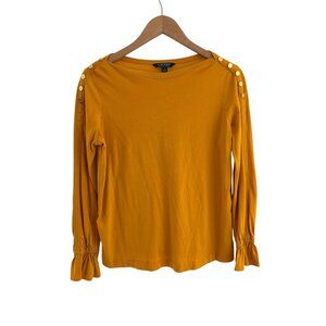 Ralph Lauren Gold Mustard Yellow Ruffle Long Sleeve Knit Top Shirt Blouse Size S